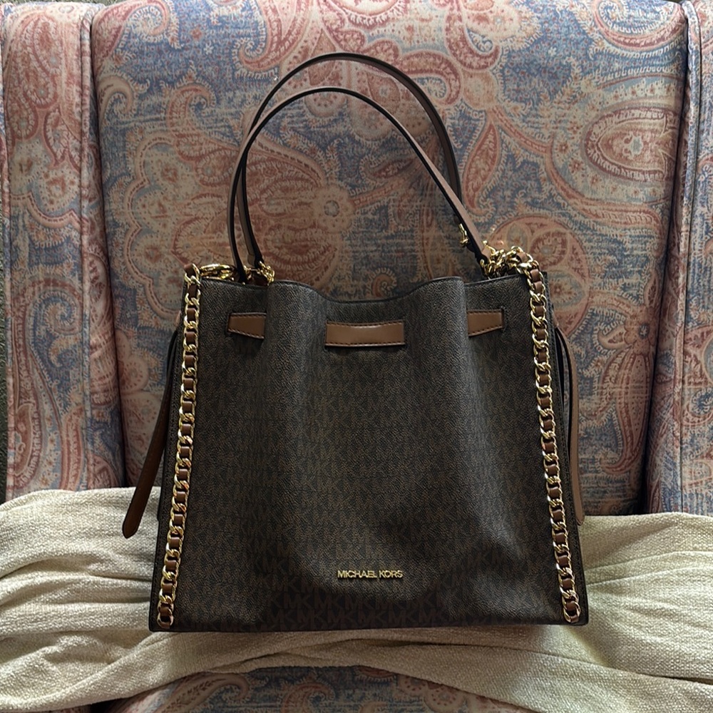 Michael Kors Mina Brown Multi Gold Shoulder Bag with Chain Detail